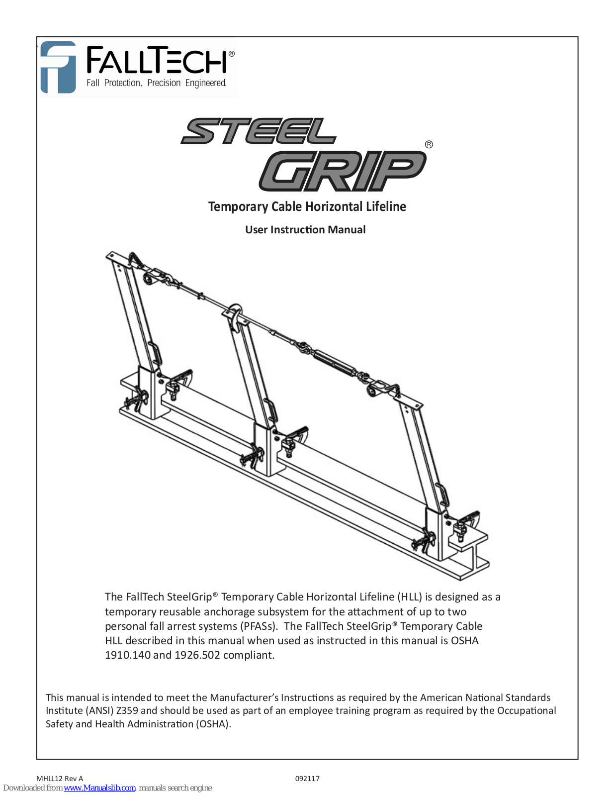 Falltech SteelGrip Temporary Cable Horizontal Lifeline, HLL User Instruction Manual