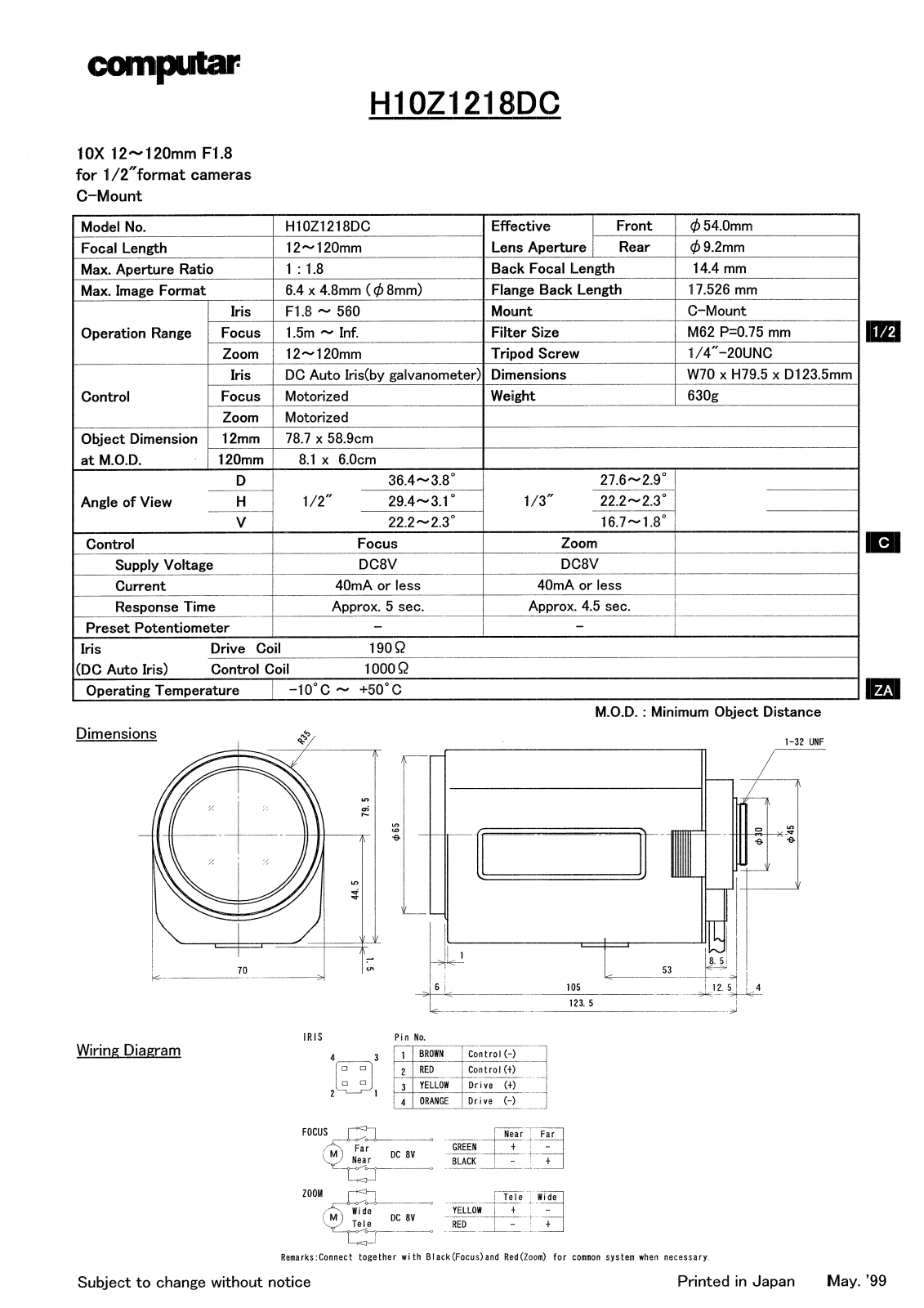 Computar H10Z1218DC Specsheet