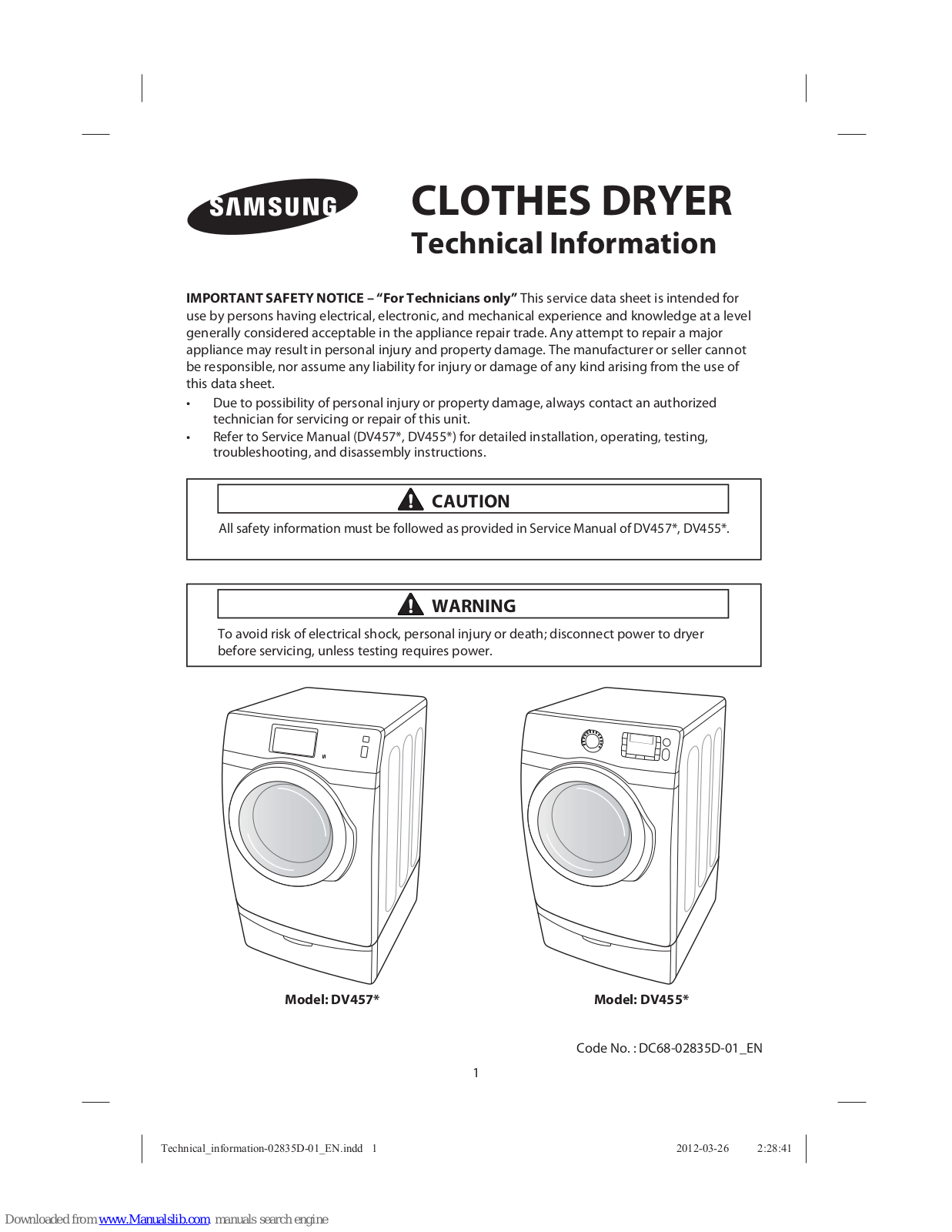 Samsung DV457EVGSGR/AA, DV457EVGSWR/AA, DV457GVGSGR/AA, DV457GVGSWR/AA, DV457 Series Technical Information