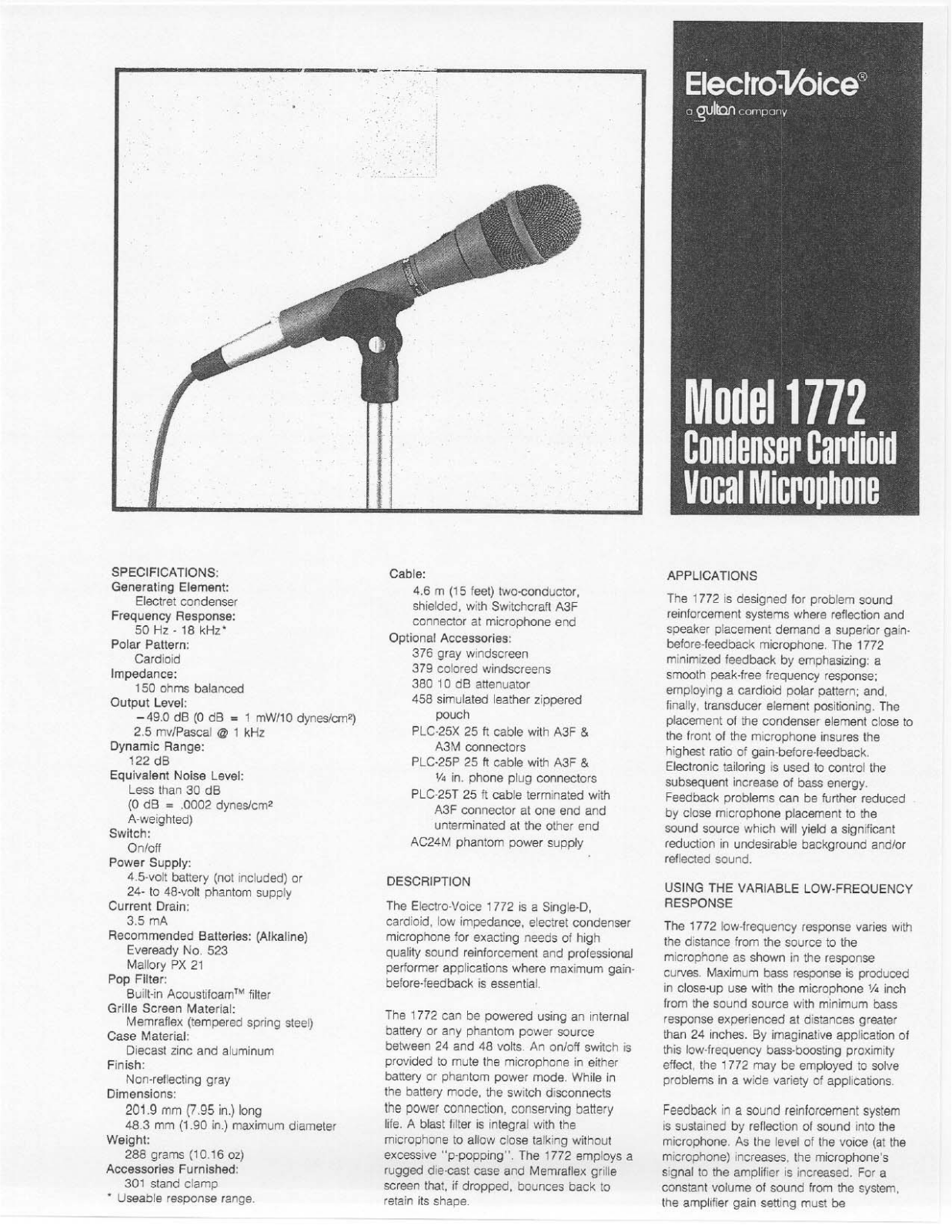 Electro-voice 1772 specification and instructions