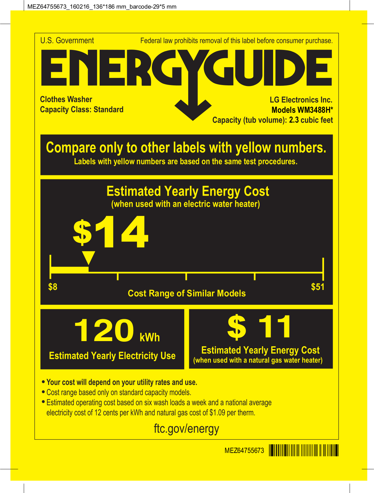 Lg WM3488HS Energy Guide