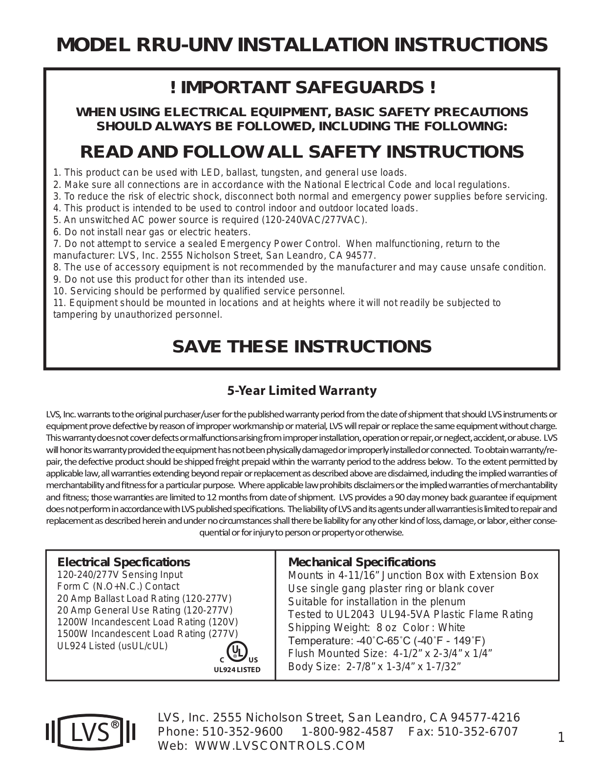 LVS RRU-UNV Installation Instructions Manual