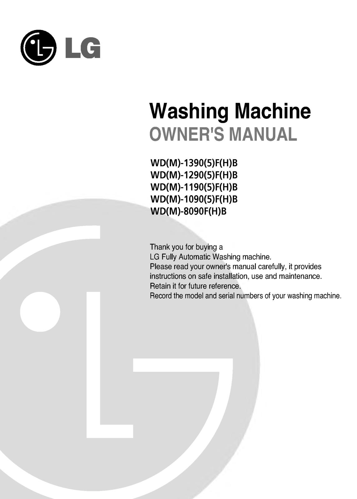 LG WM-1295FHB, WM-1290FHB, WM-1095FHB User Manual