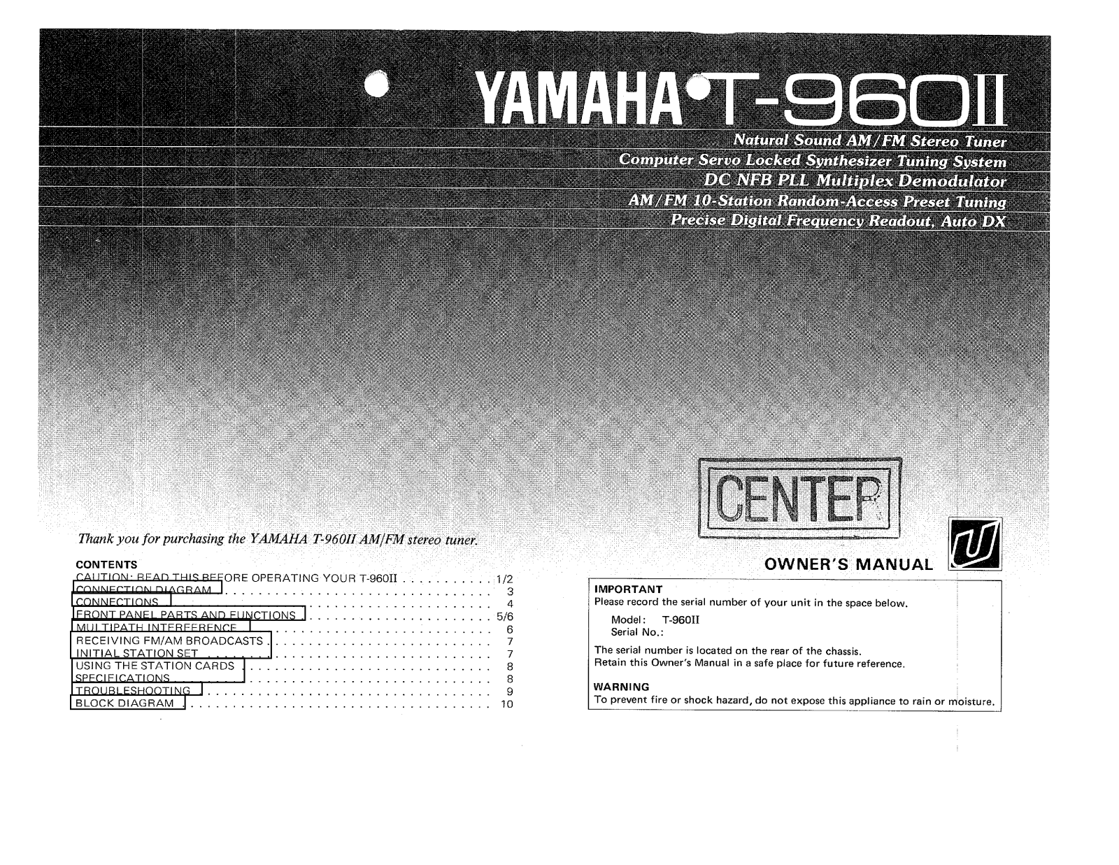 Yamaha T-960II Owner's Manual
