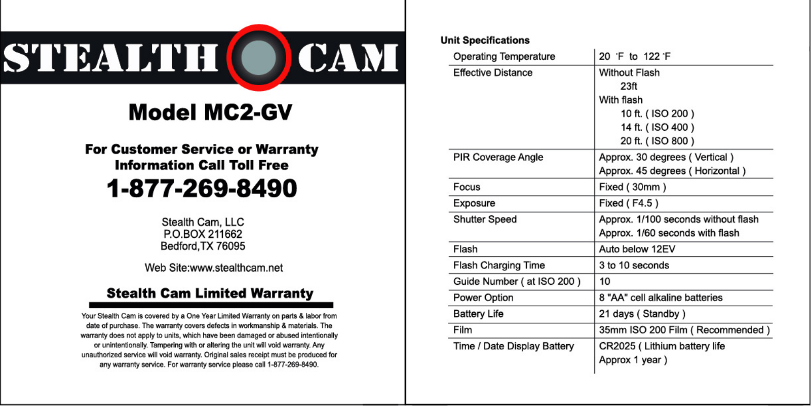 Stealth Cam MC2-GV Instruction Manual