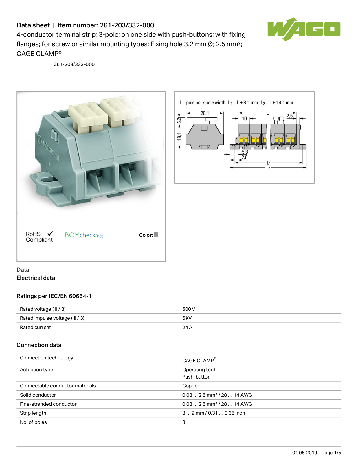 Wago 261-203/332-000 Data Sheet