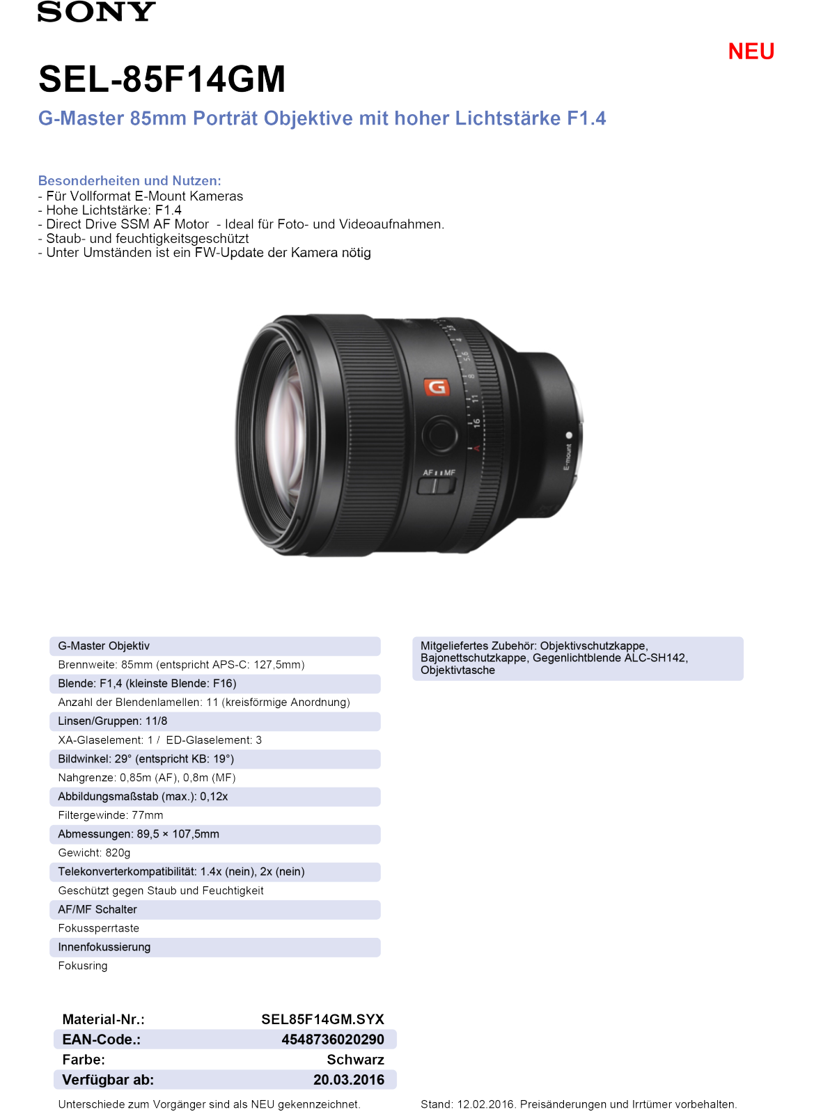 Sony SEL-85F14GM Technical data