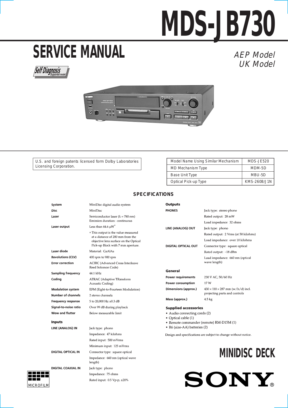 Sony MDS-JB730 User Manual