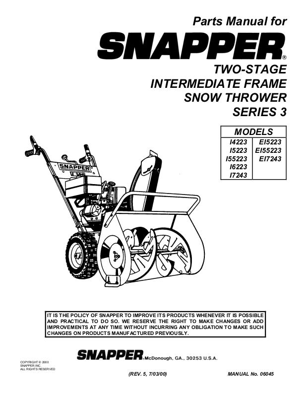 Snapper I6223, I5223, I7243, EI55223, EI7243 User Manual