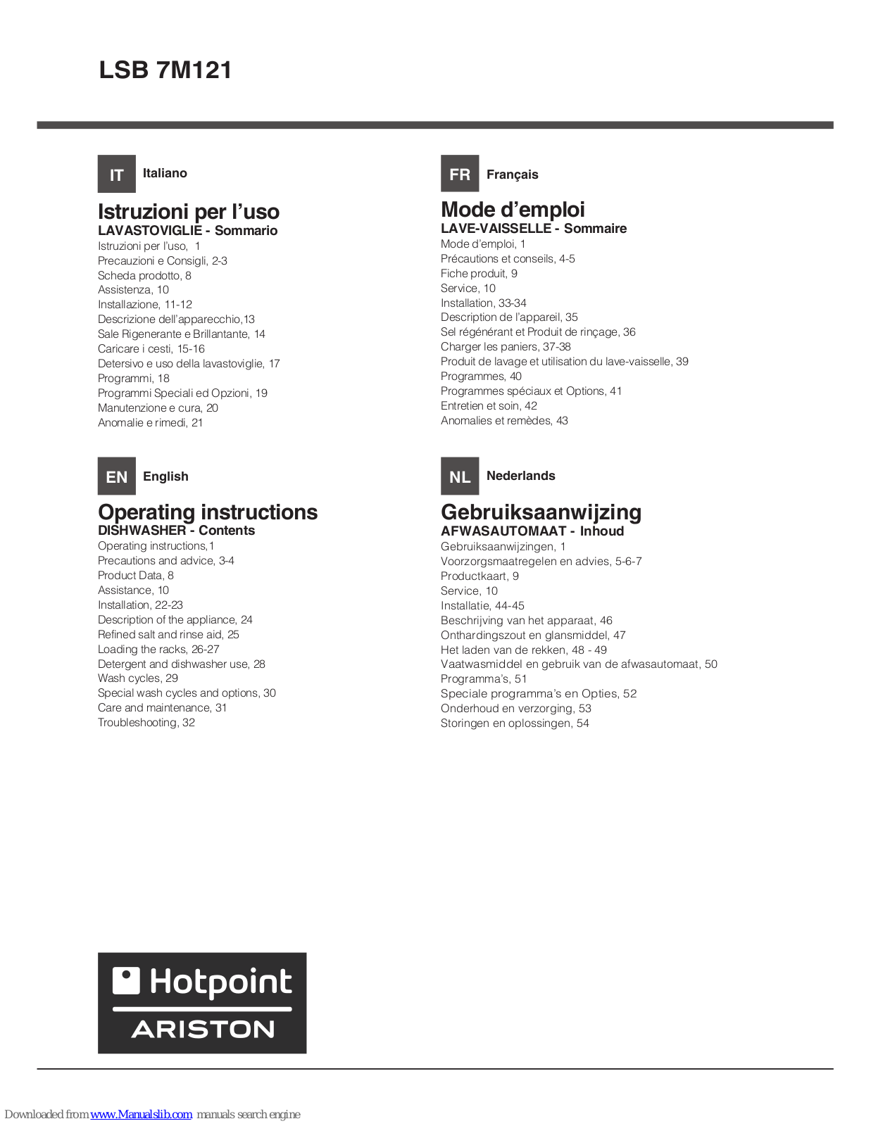 Hotpoint Ariston LSB 7M121 Operating Instructions Manual