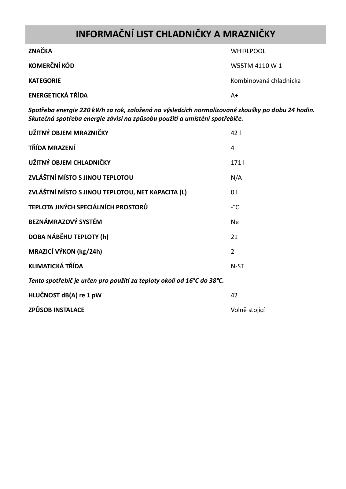 Whirlpool W55TM4110W1 Information sheet