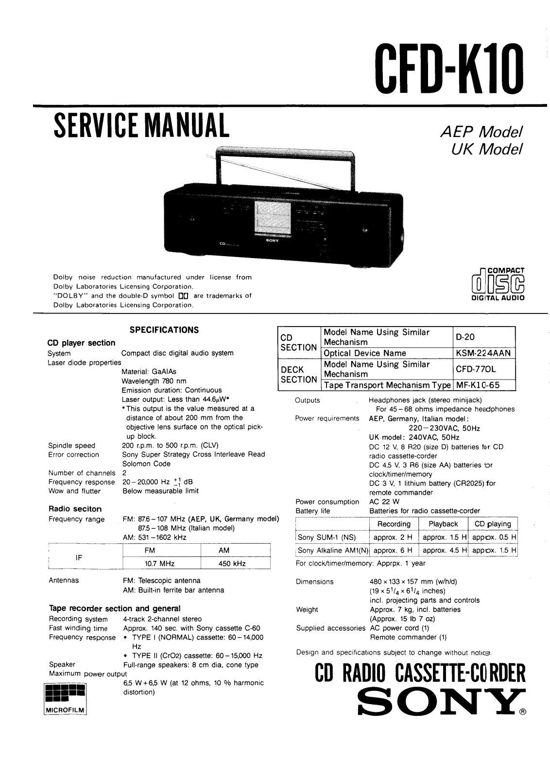 Sony CFDK-10 Service manual