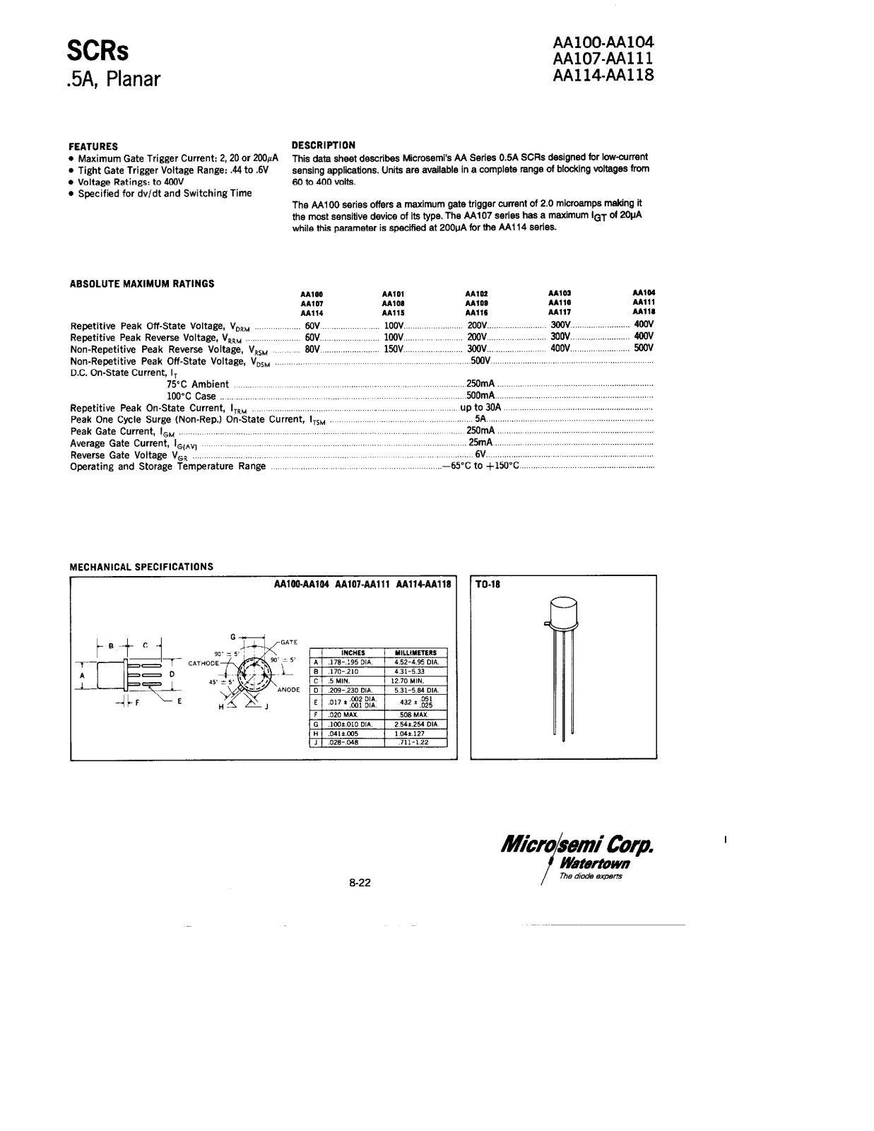 Microsemi Corporation AA116, AA115, AA114, AA109, AA108 Datasheet