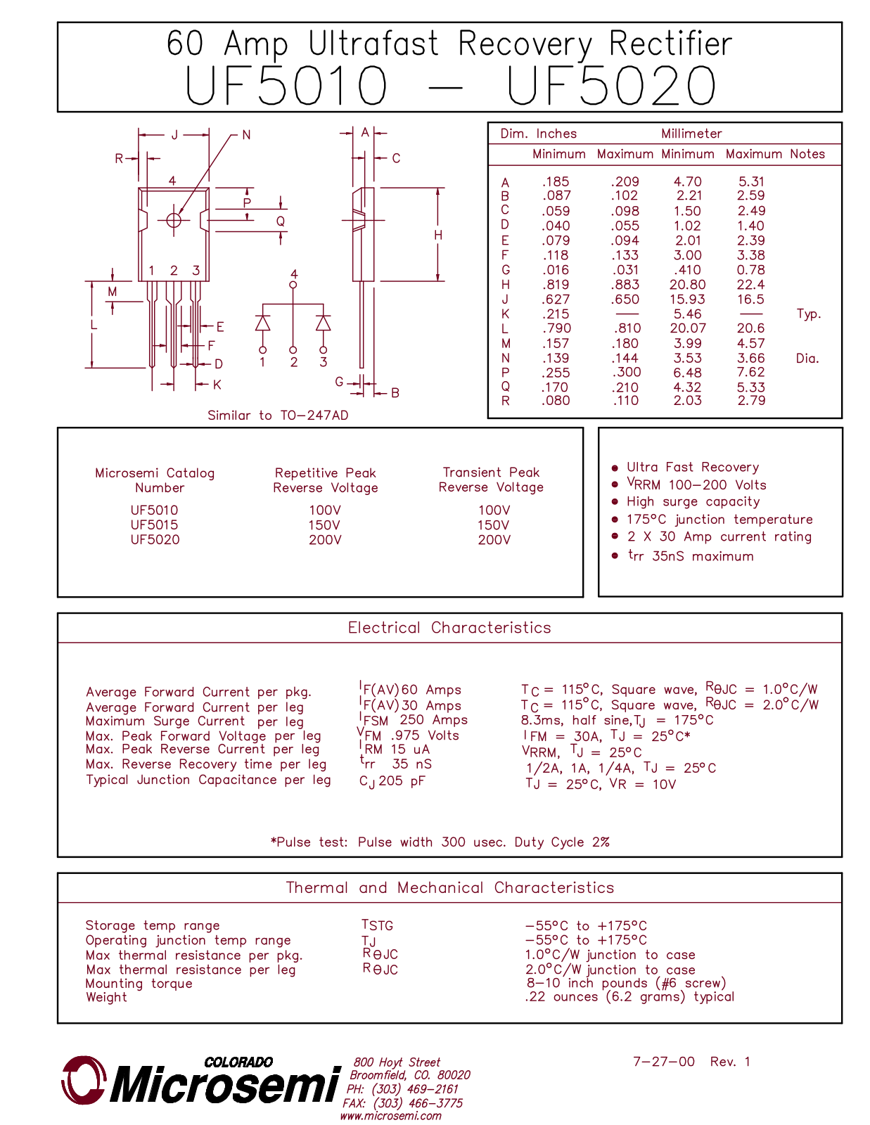 Microsemi UF5015, UF5010 Datasheet