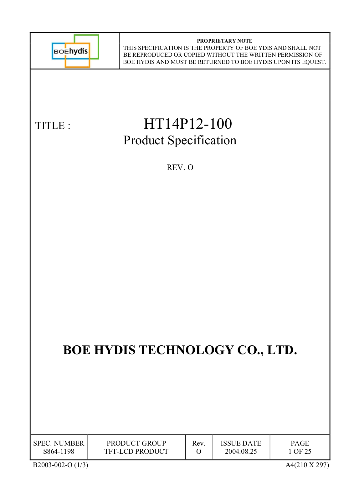 BOE OPTOELECTRONICS HT14P12-100 SPECIFICATION - ManualMachine.com