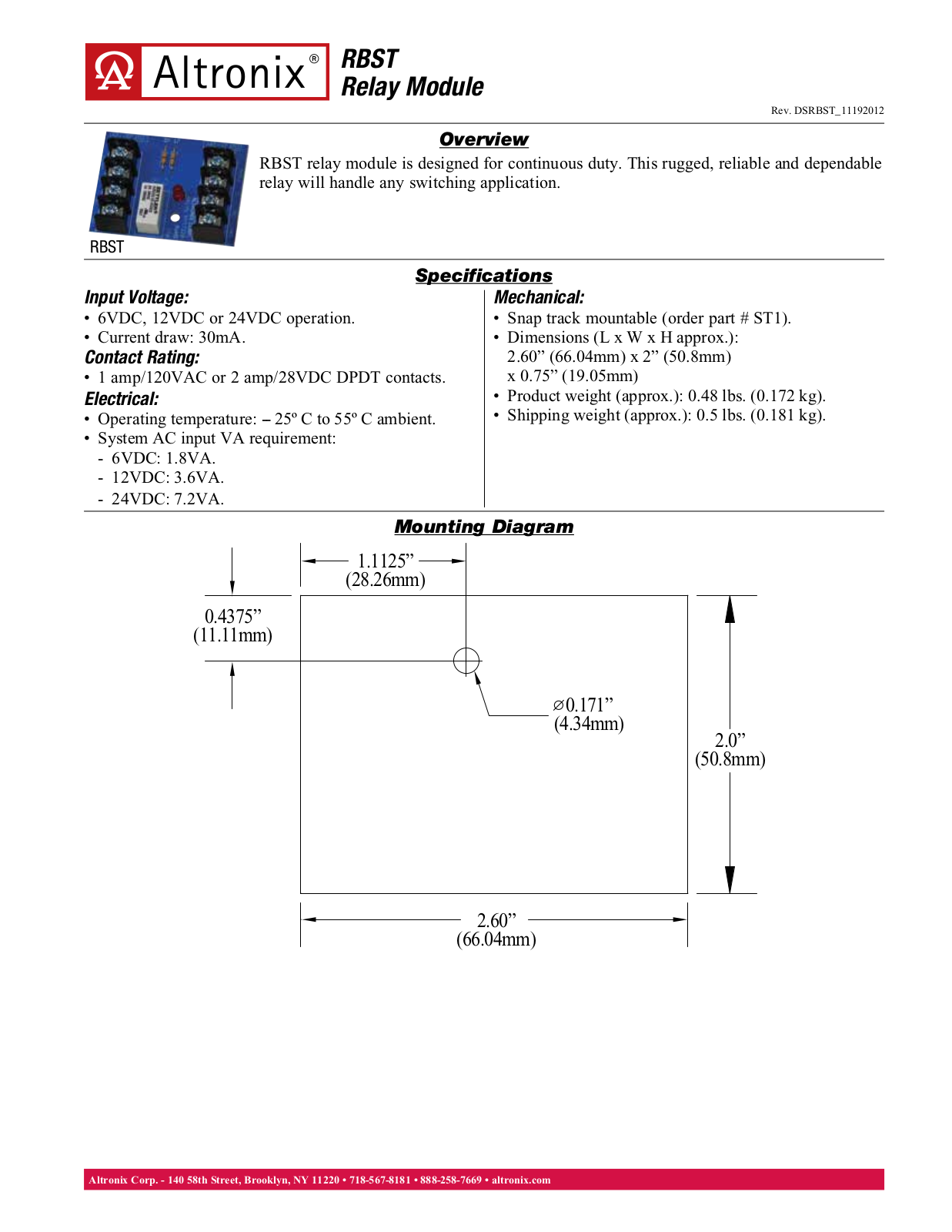 Altronix RBST Data Sheet