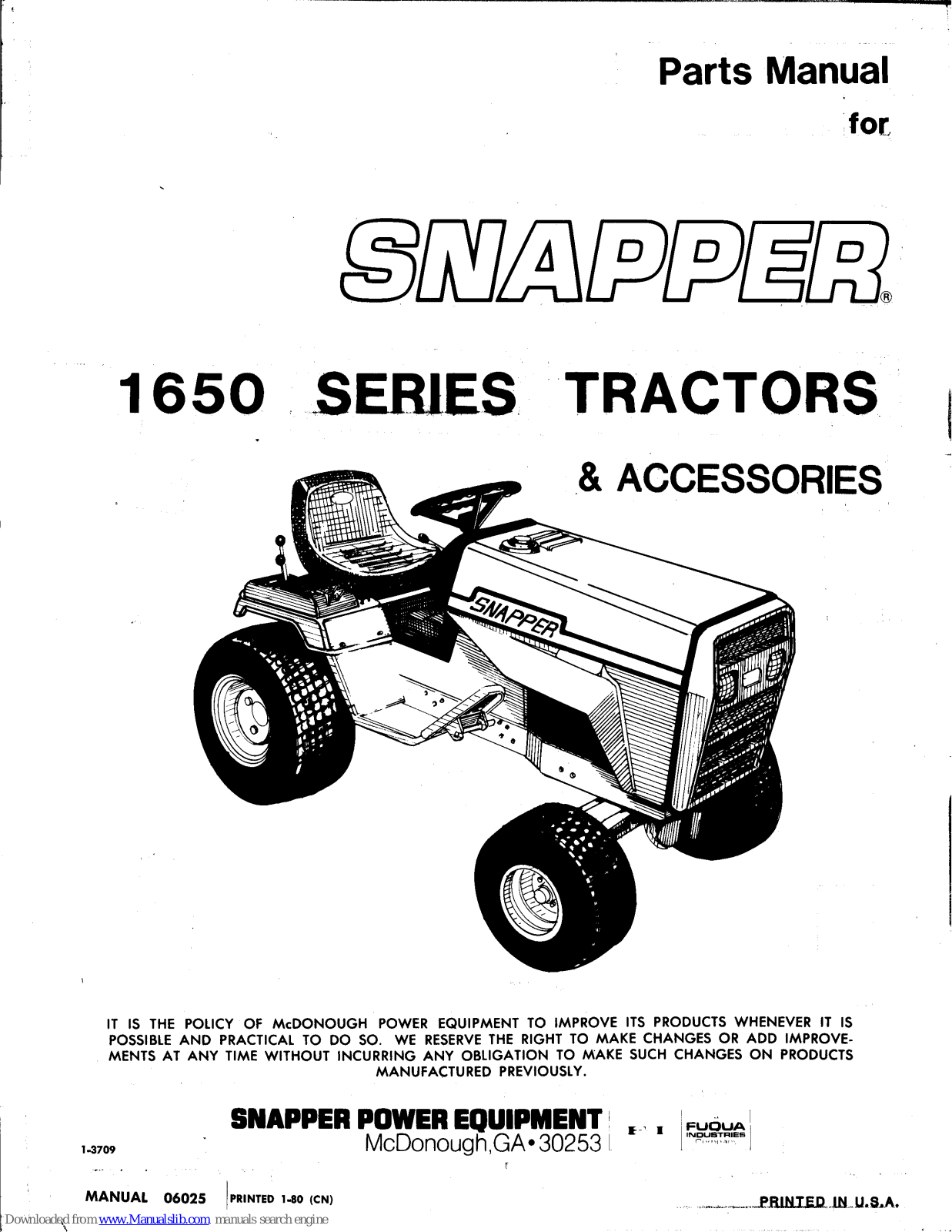 Snapper 1650 Series Parts Manual