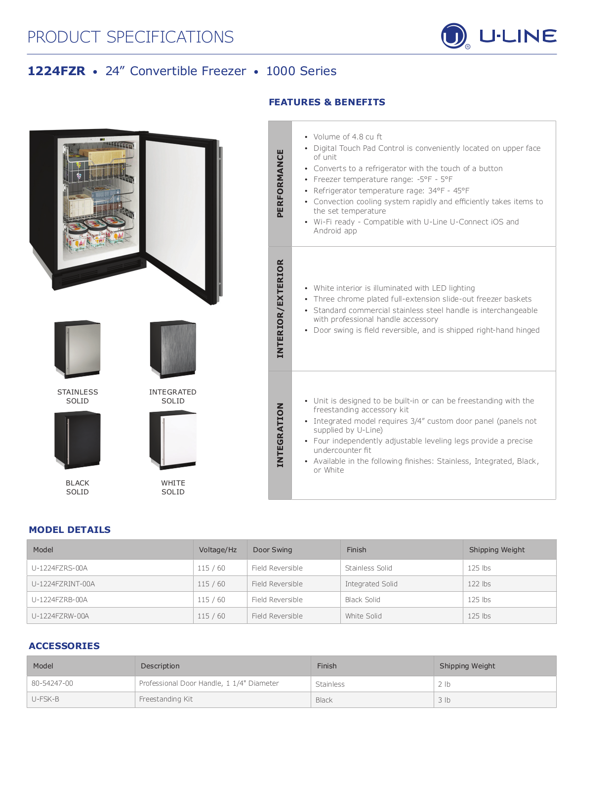 U-Line U1224FZRW00A Specifications