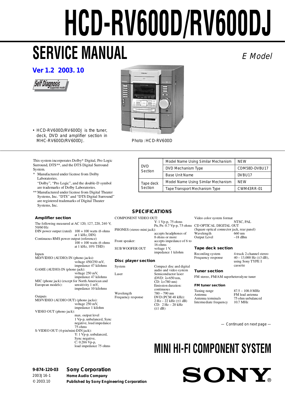 SONY HCD-RV600D, HCD-RV600DJ Service Manual