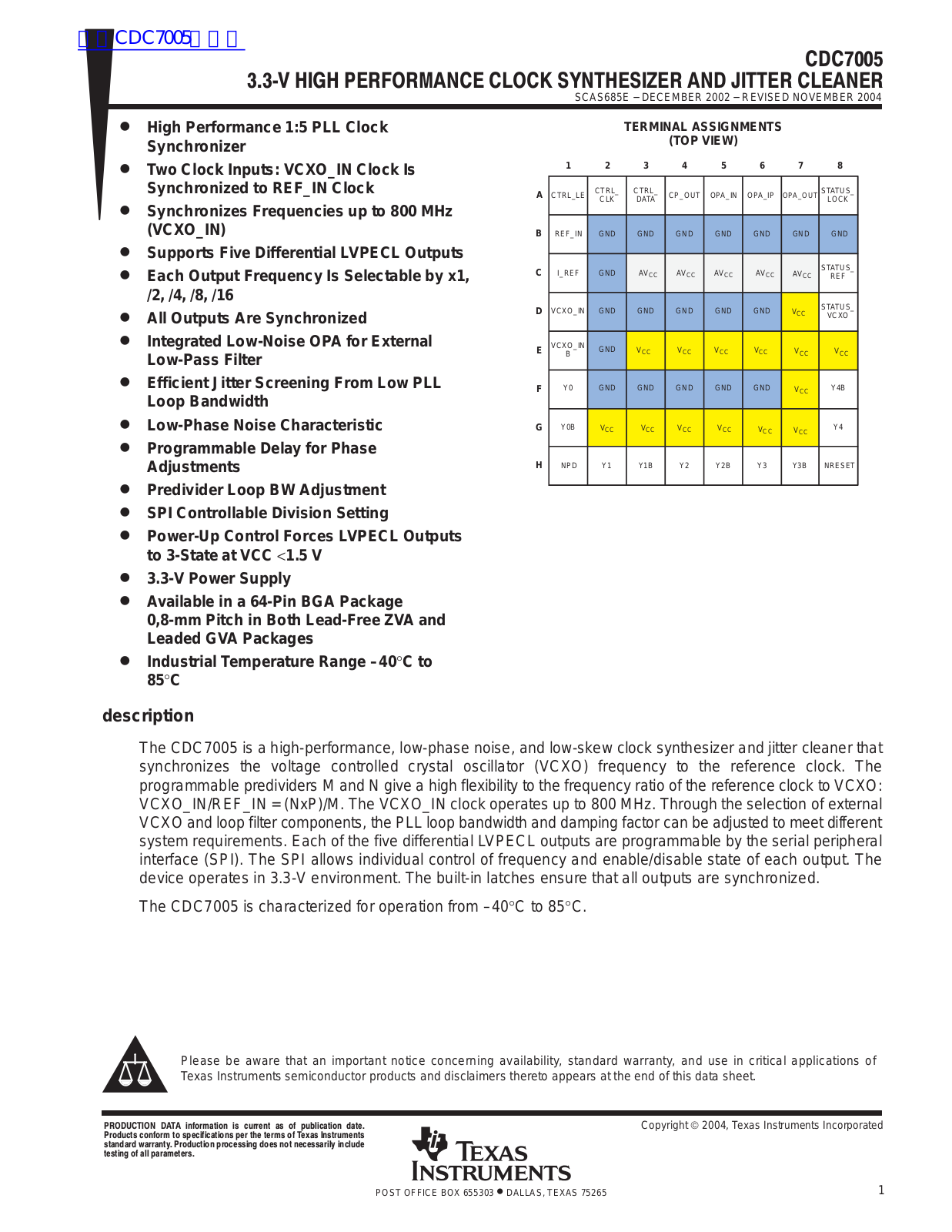 TEXAS INSTRUMENTS CDC7005 Technical data