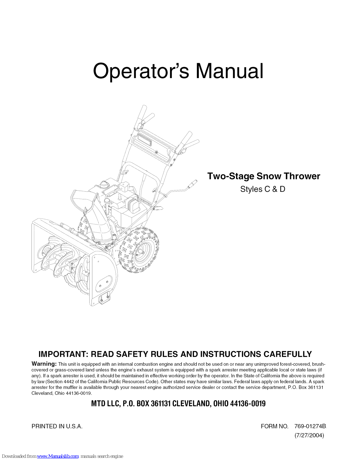 MTD Styles C, Styles H, Styles Operator's Manual - ManualMachine.com