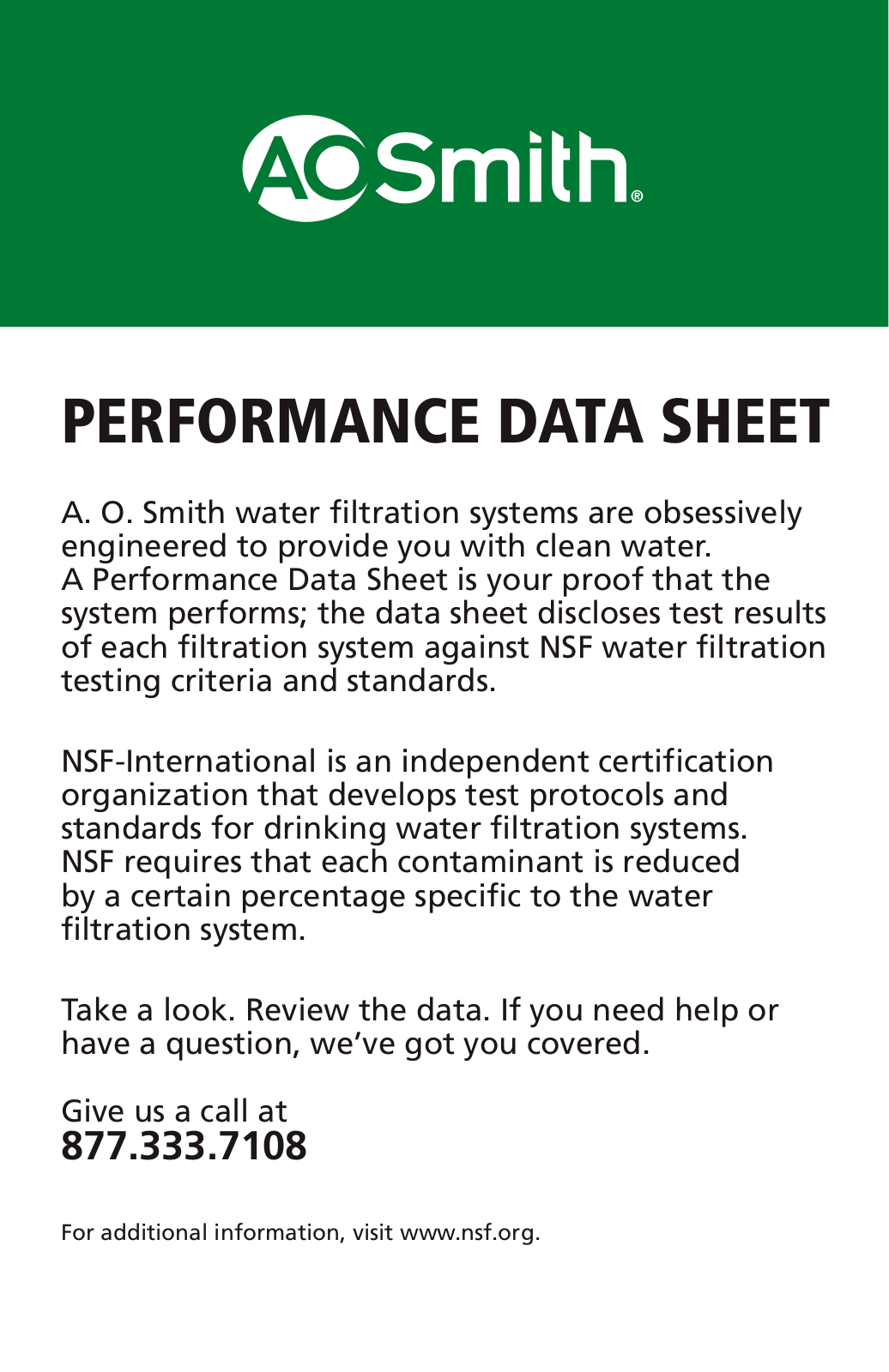 AO Smith AOMFADV PERFORMANCE DATA SHEET