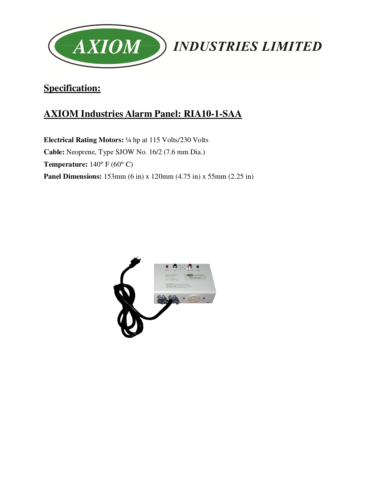 Axiom Industries RIA10-1-SAA User Manual