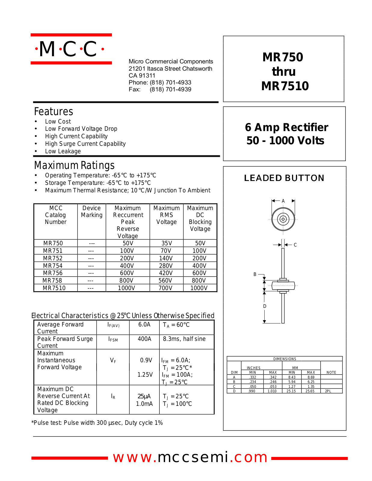 MCC MR756, MR752, MR754, MR751, MR758 Datasheet