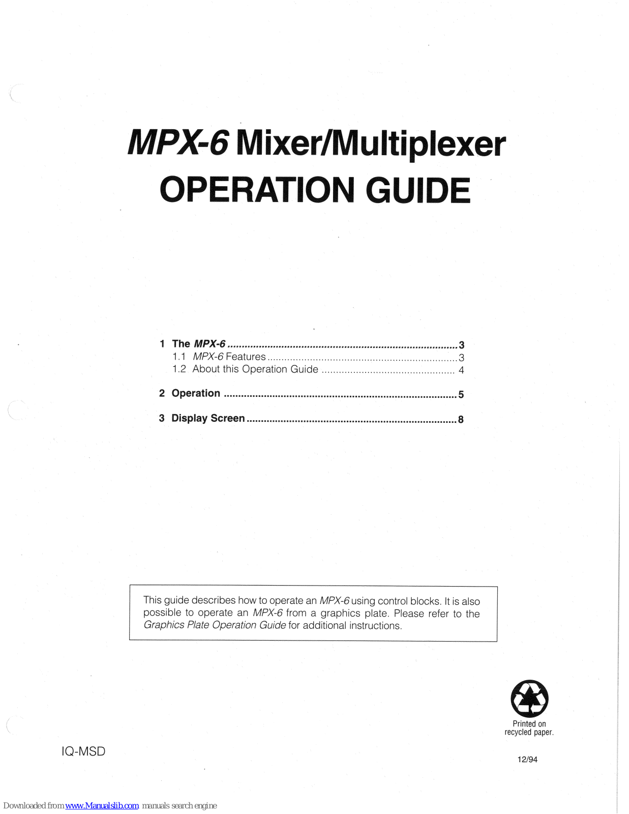 Crown Mixer/Multiplexer MPX-6 Operation Manual