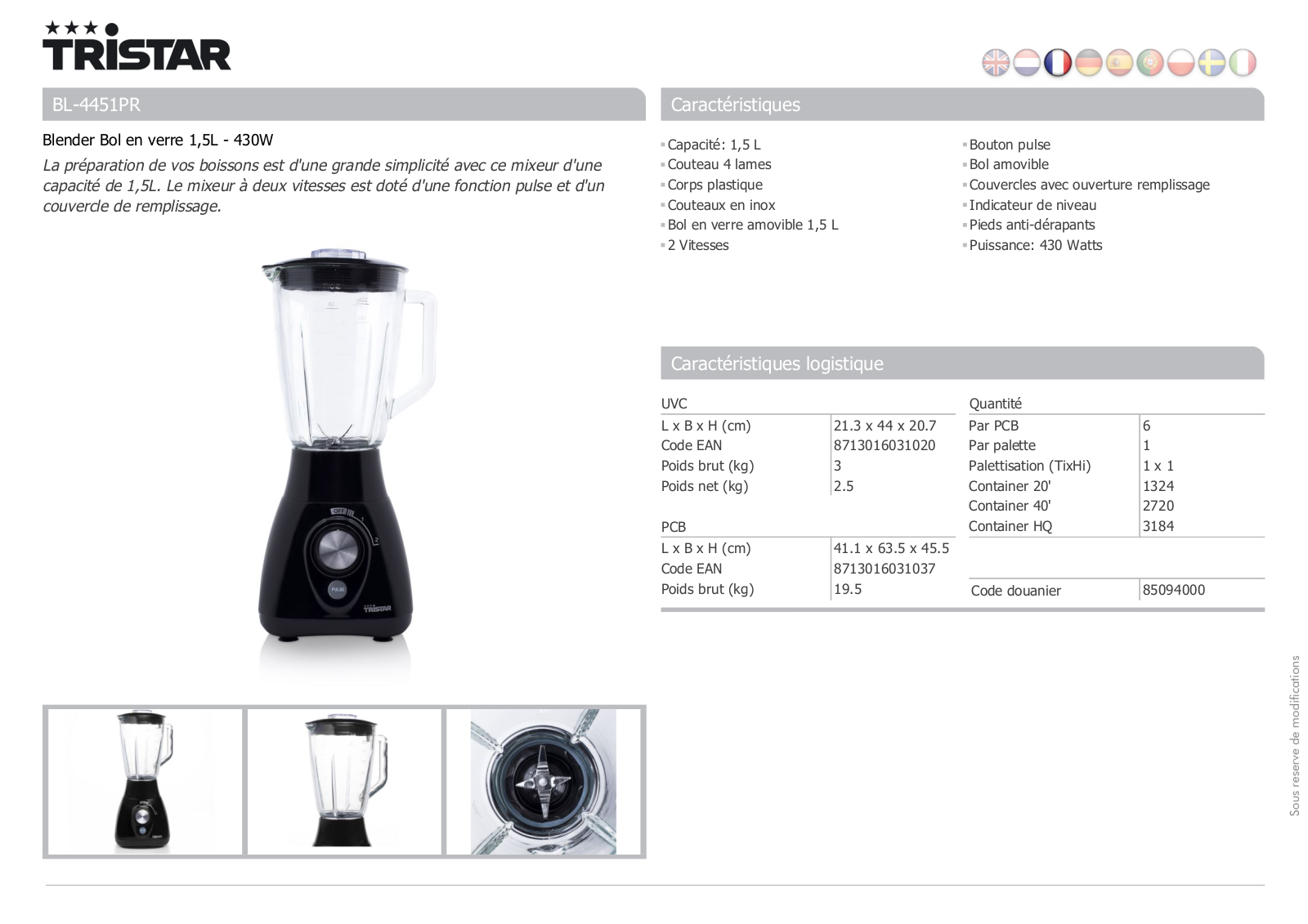 Tristar BL­4451PR product sheet