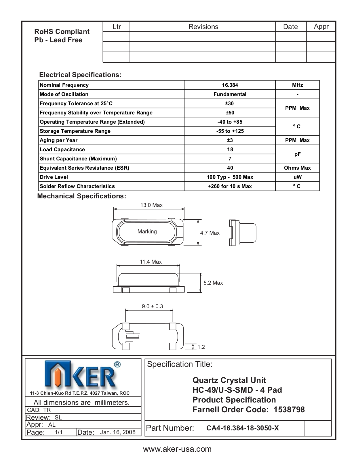 Datasheet CA4-16.384-18-3050-X Datasheet (AKER) - ManualMachine.com