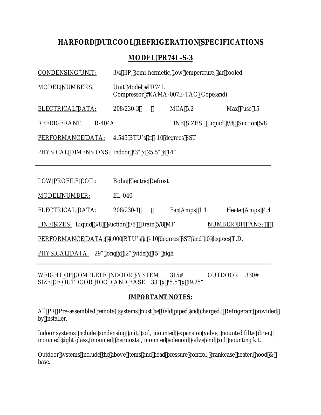 Harford PR74L-S-3 User Manual