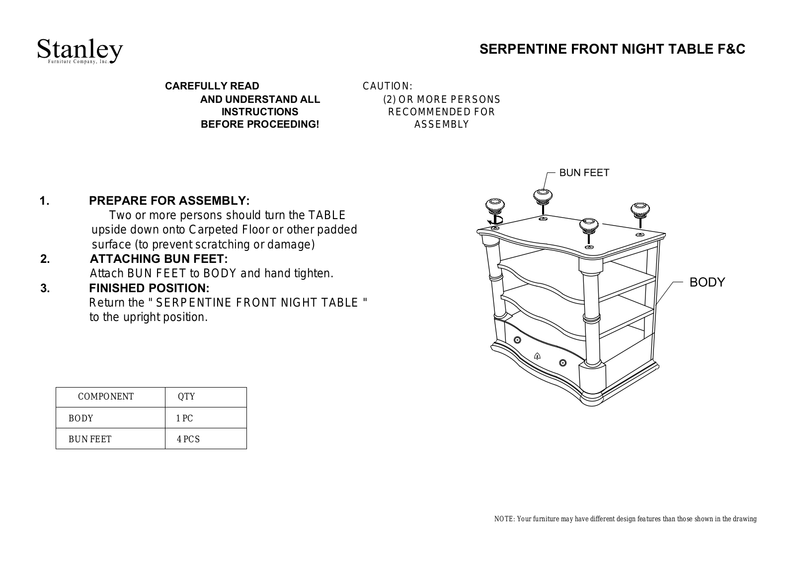 Stanley SERPENTINE FRONT NIGHT TABLE F&C Assembly Instruction