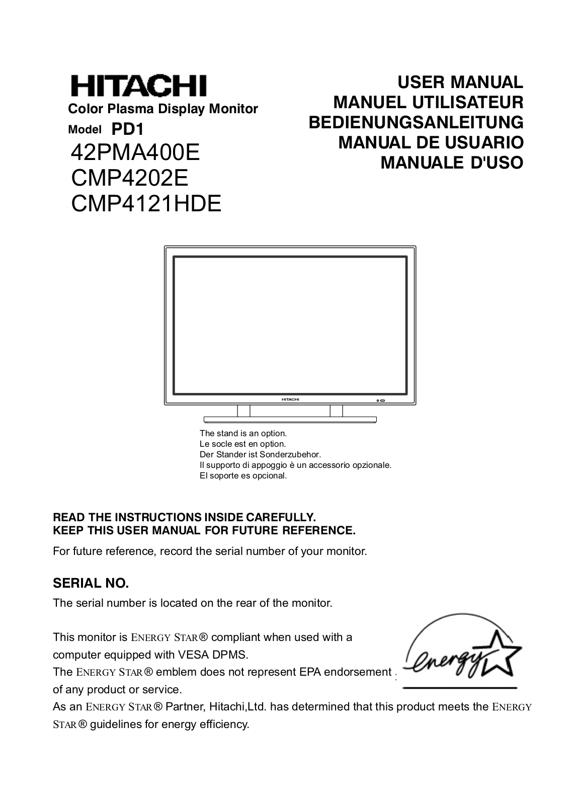 Hitachi CMP4202E, CMP4121HDE, 42PMA400E User Manual