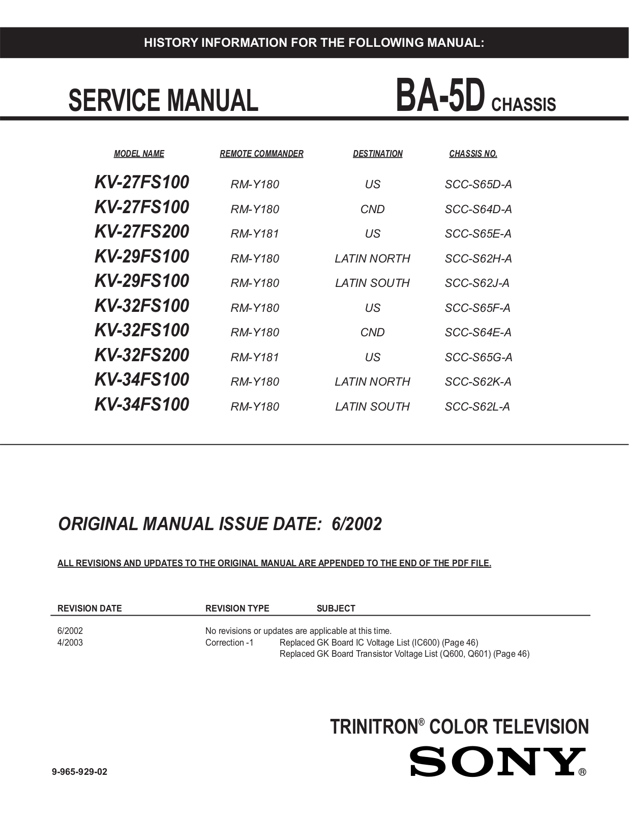 Sony KV-27FS200, KV-34FS100, KV-32FS200, KV-32FS100, KV-29FS100 Service manual