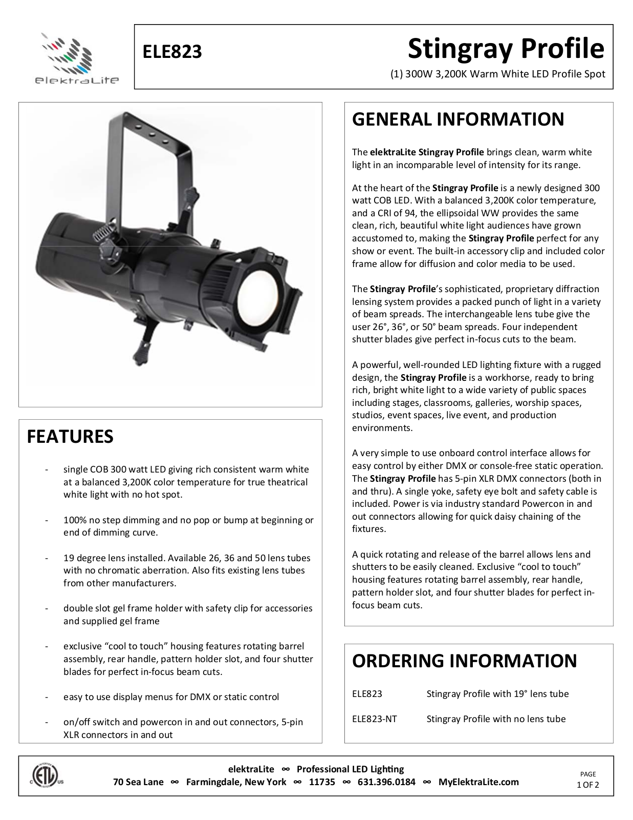 elektraLite ELE823 Data Sheet