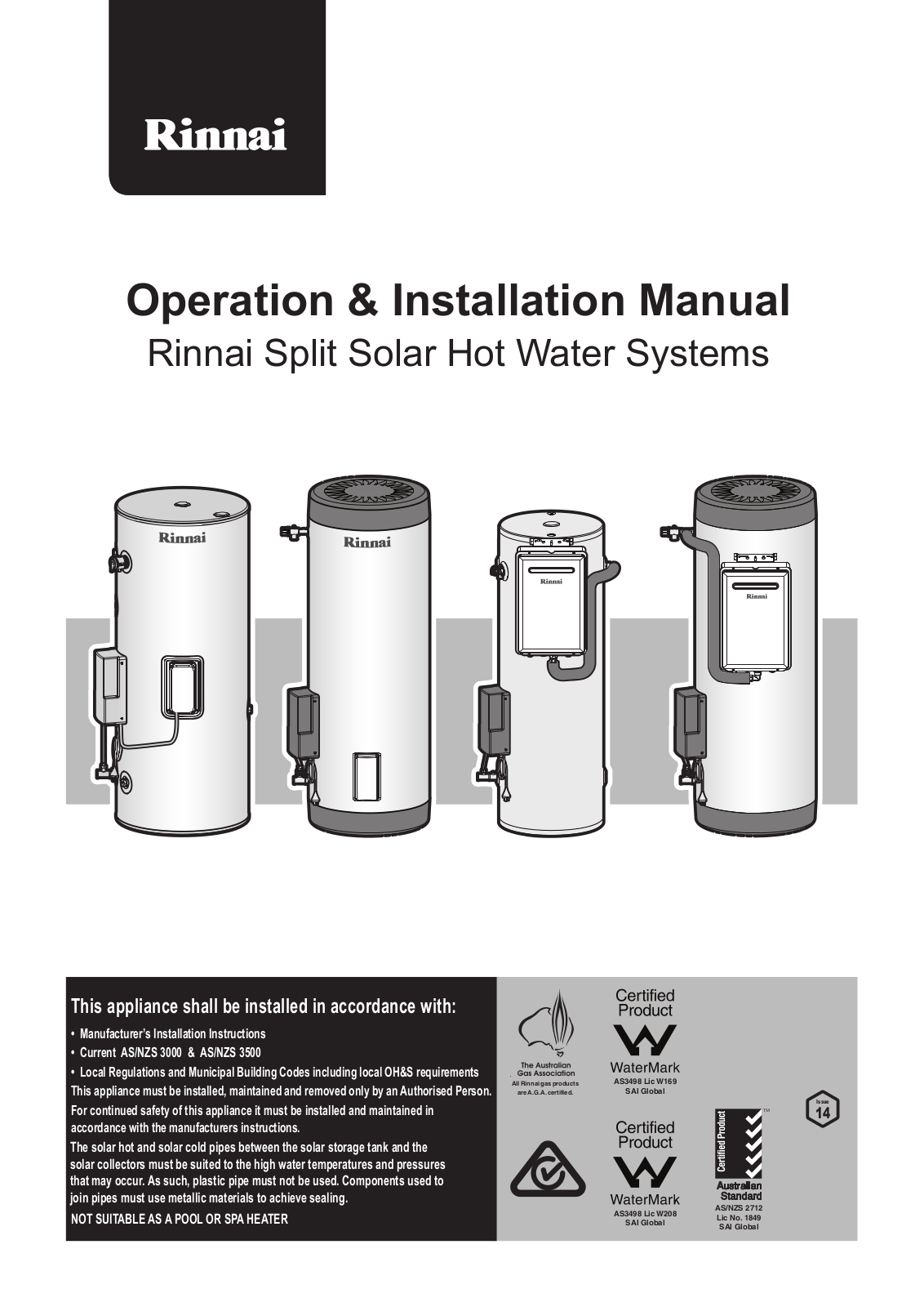 Rinnai SG175, SG270SL, SG215, SE250AB, SE250AM Operation & Installation Manual