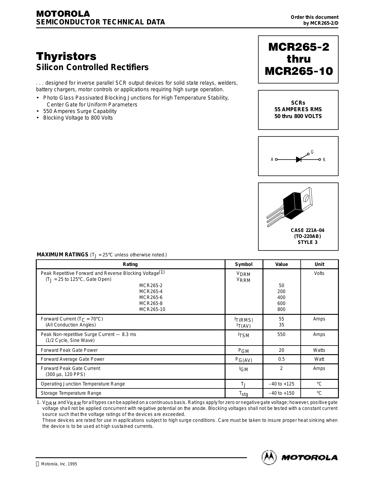 Motorola MCR265-8, MCR265-10, MCR265-2, MCR265-4, MCR265-6 Datasheet