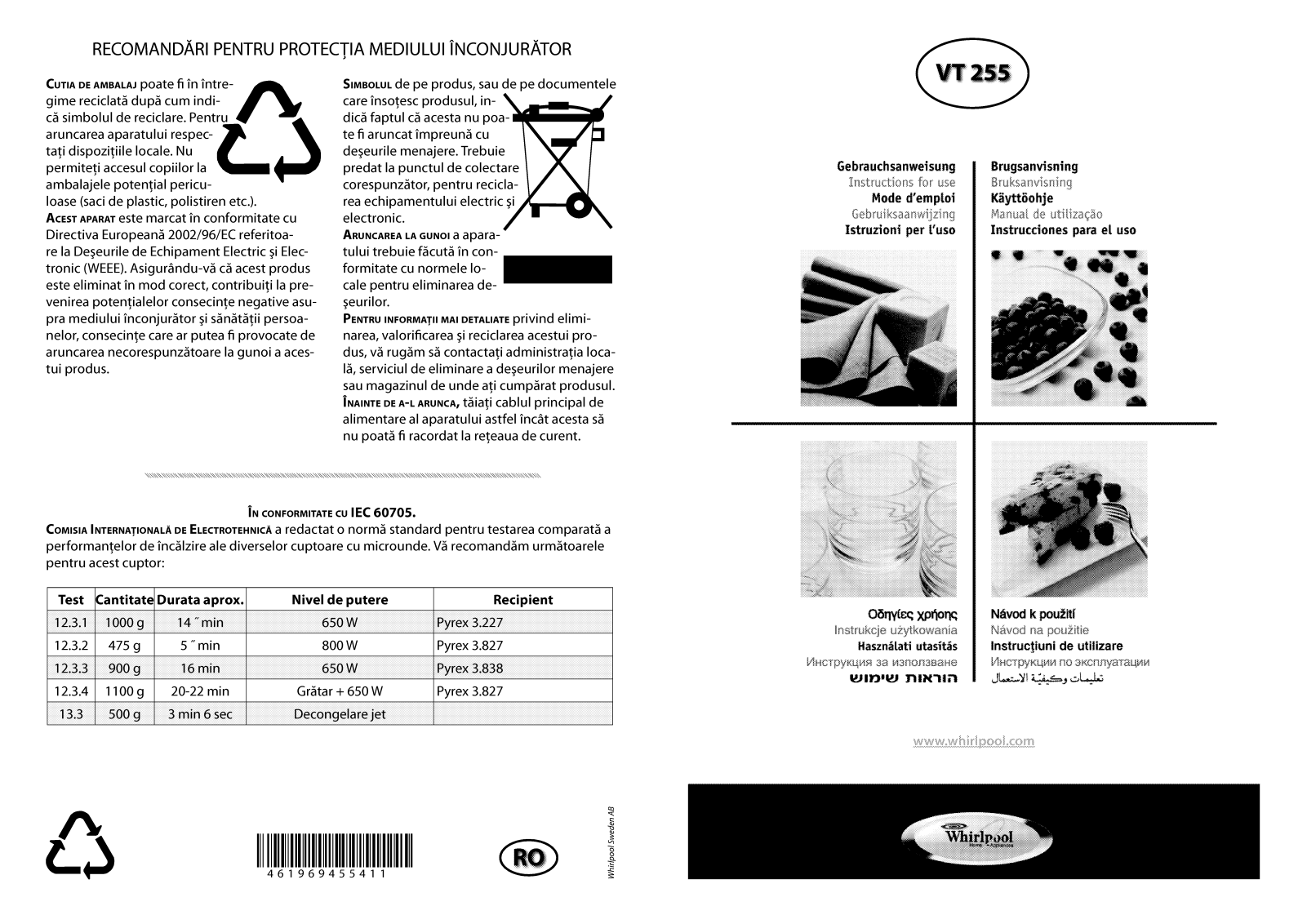 WHIRLPOOL VT255/SL User Manual