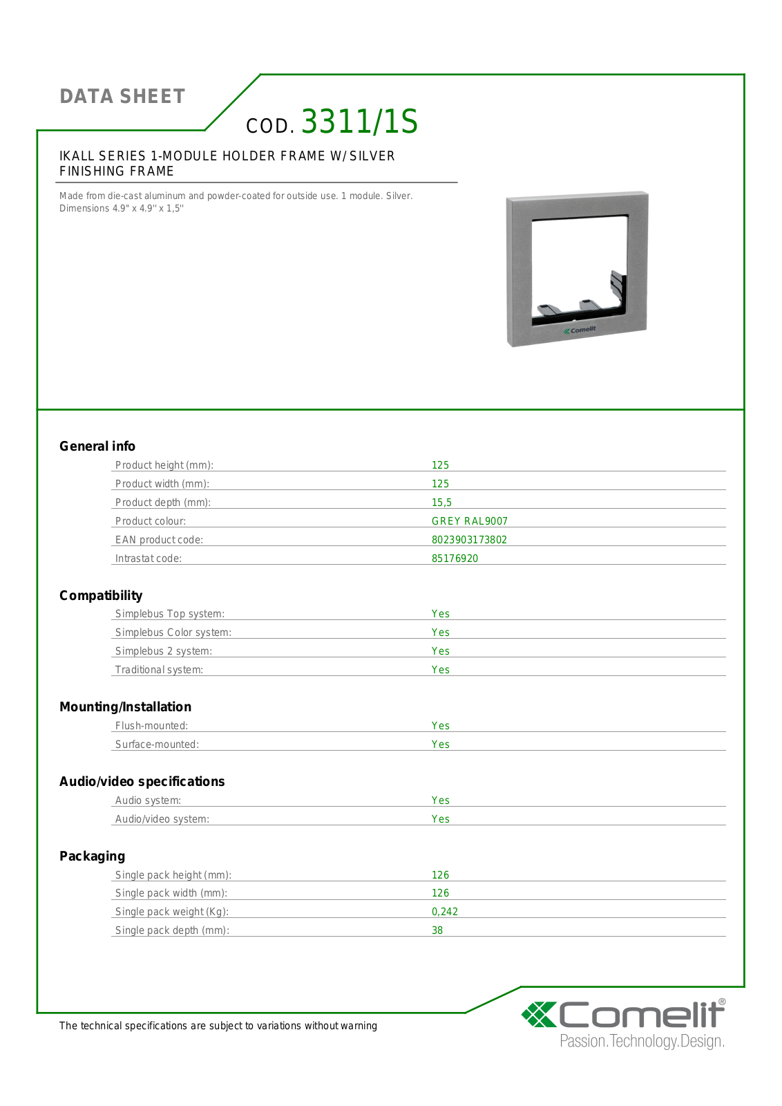 Comelit 3311-1S Specsheet