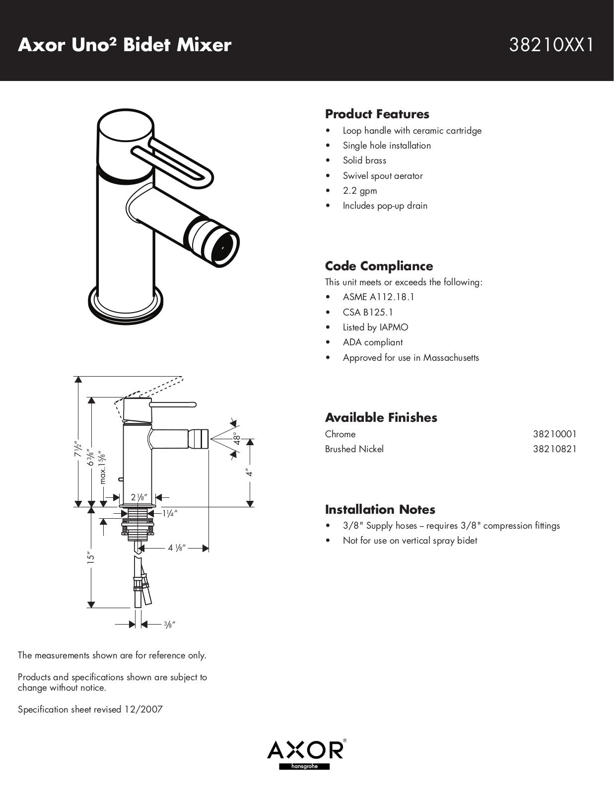 Axor Uno 38210XX1 User Manual