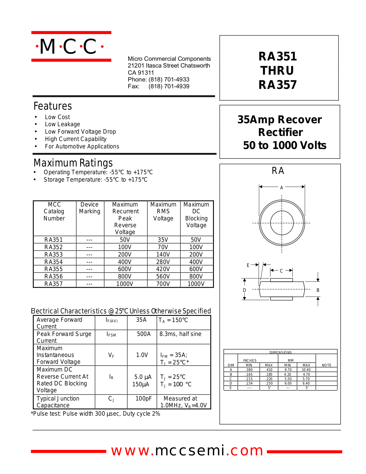 MCC RA353, RA354, RA355, RA356, RA357 Datasheet