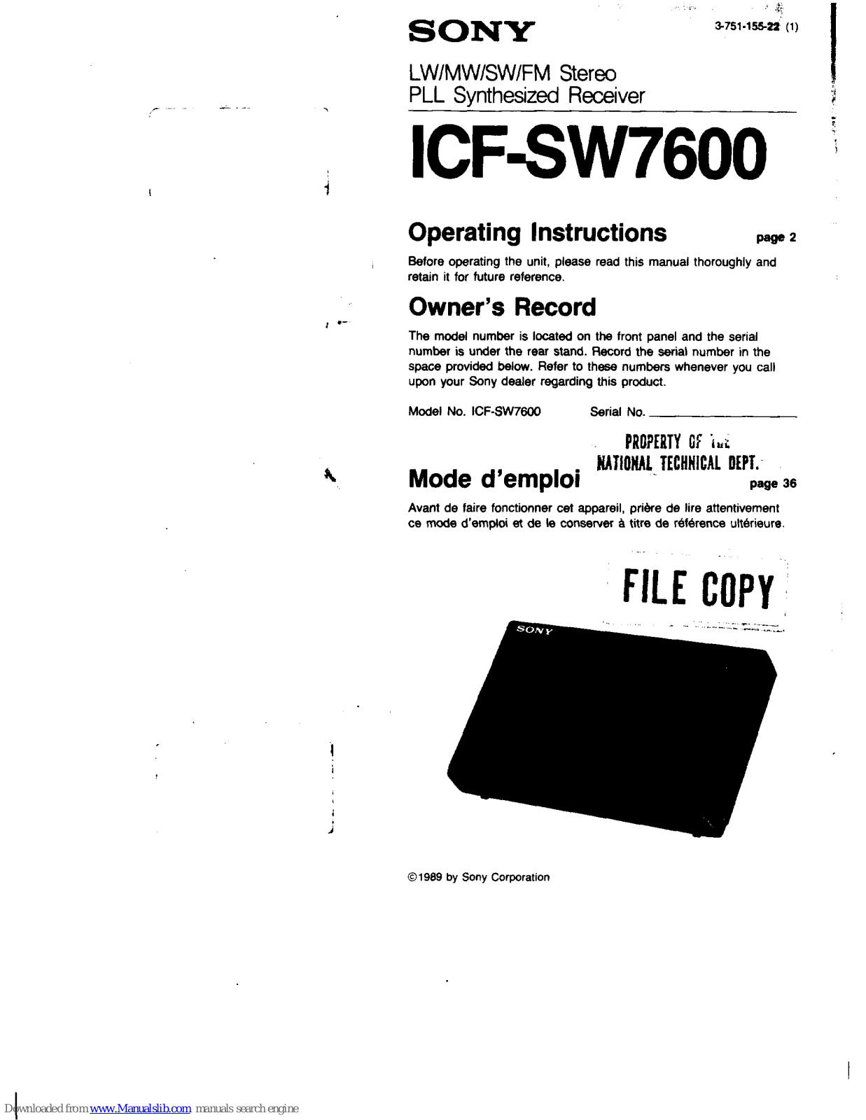 Sony ICF-SW7600 Primary Operating Instructions Manual