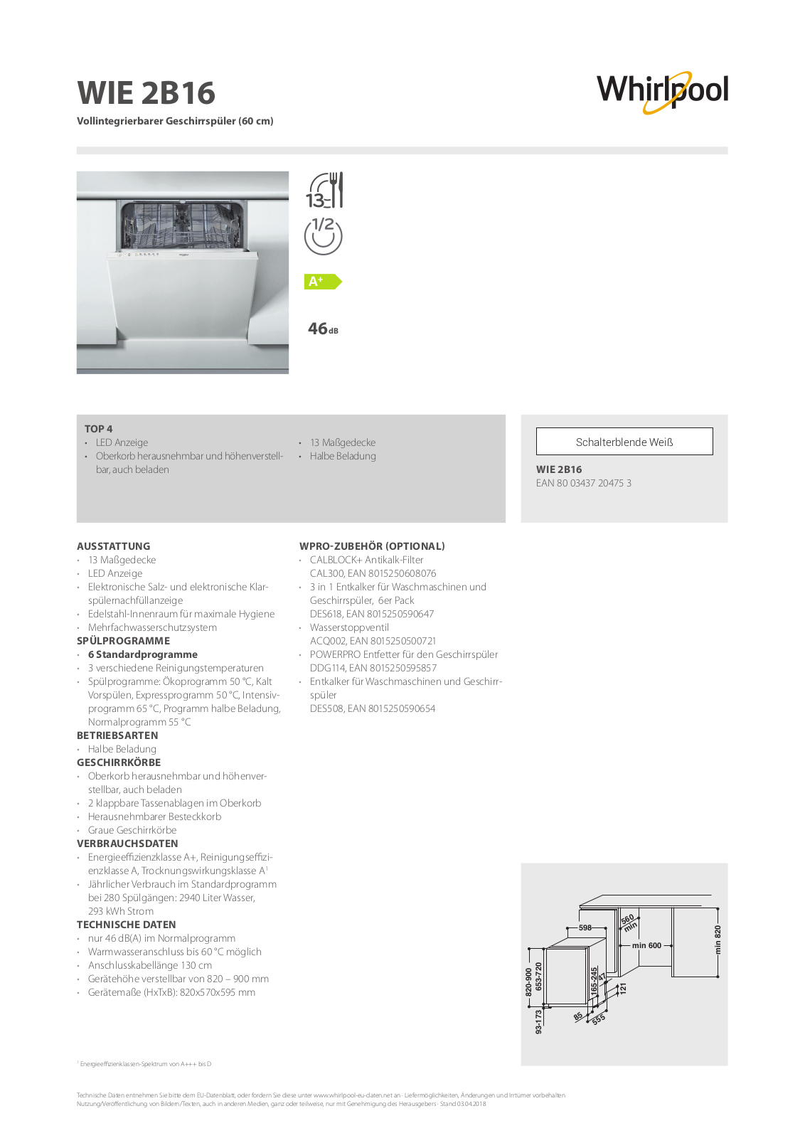 Whirlpool WIE 2B16 User Manual