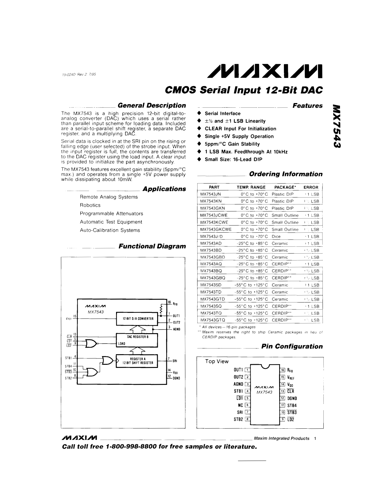 Maxim MX7543AD, MX7543AQ, MX7543JN, MX7543KCWE, MX7543KN Datasheet