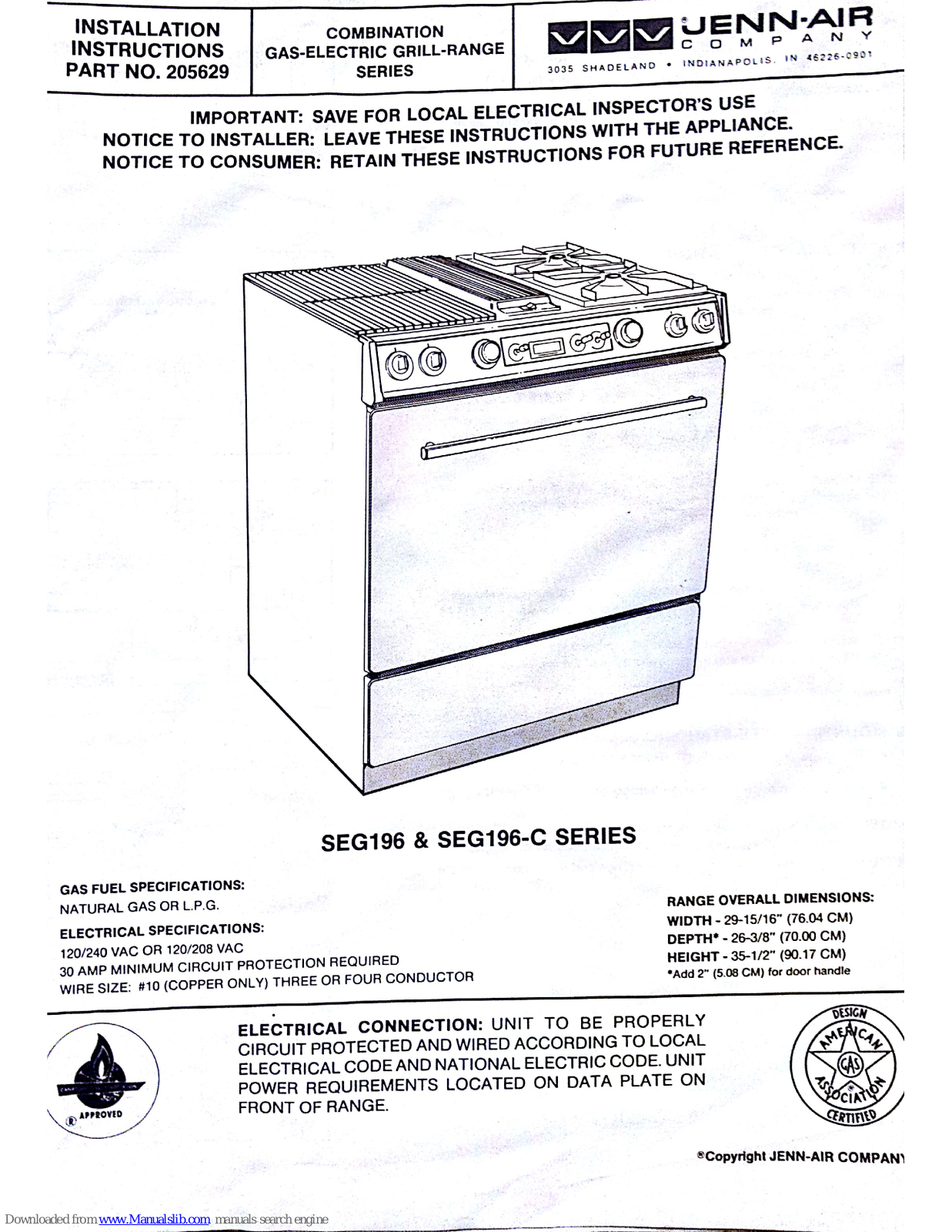 Jenn-Air SEG196-C series, SEG196 series Installation Instructions Manual