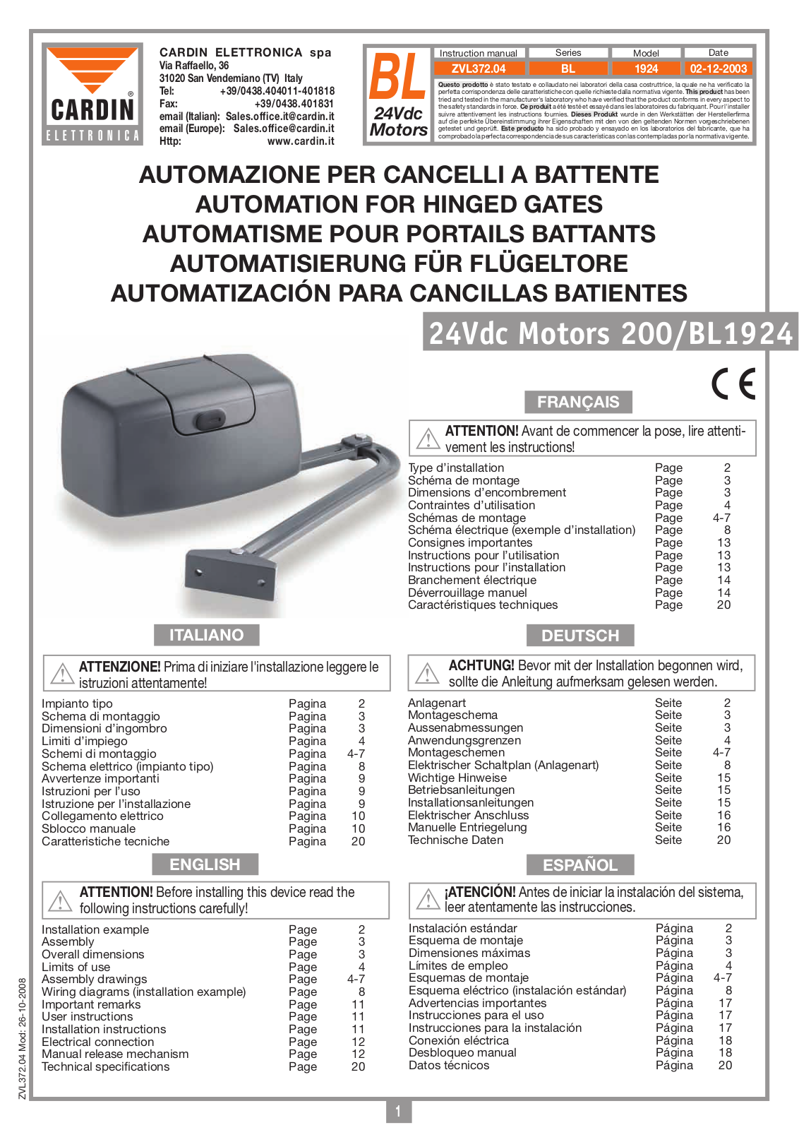 Cardin Elettronica 200/BL1924 Instruction Manual