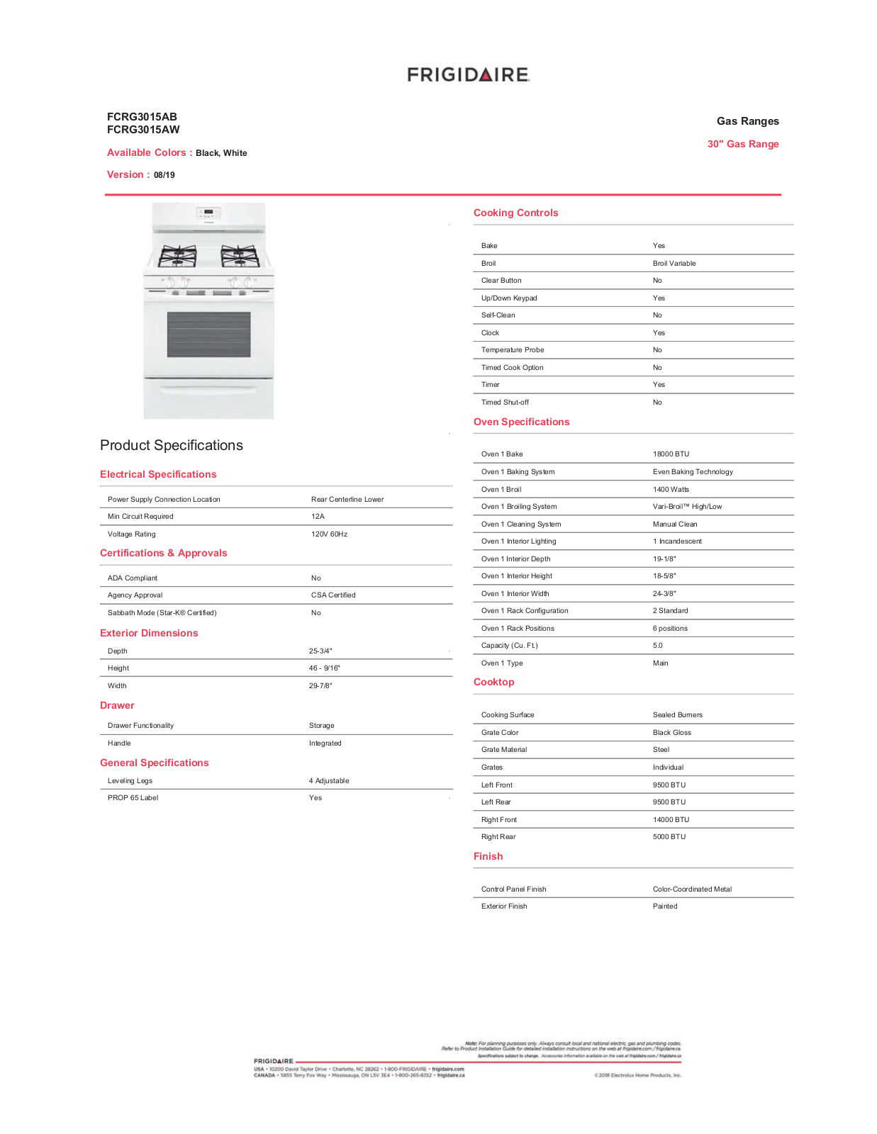 Frigidaire FCRG3015AB Specifications