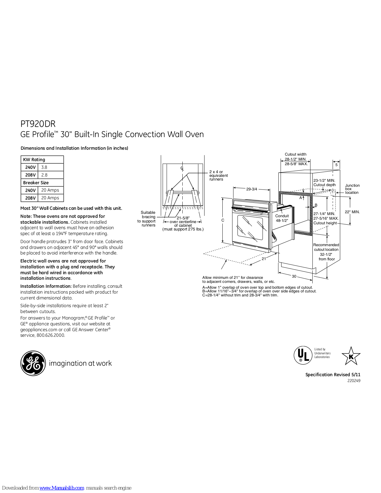 GE PT920 - Profile 30 in. Wall Oven, Profile PT920DR, Profile PT920DRBB Dimensions And Installation Information