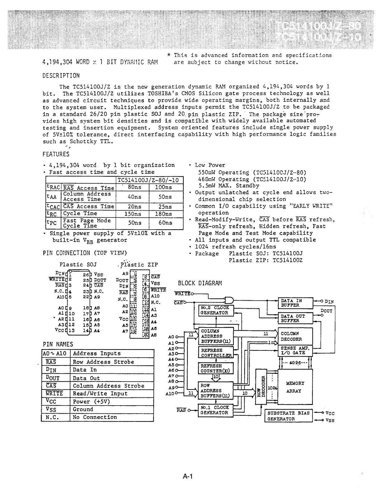 Toshiba TC514100J-10 Datasheet